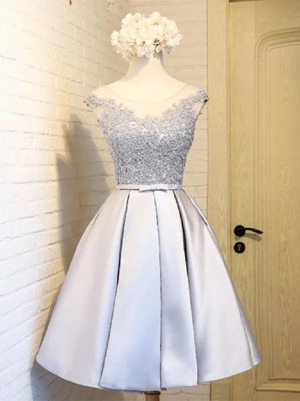 A Line Round Neck Lace Short Gray Prom Dress, Lace Short Gray Graduation Dress, Short Gray Homecoming Dress