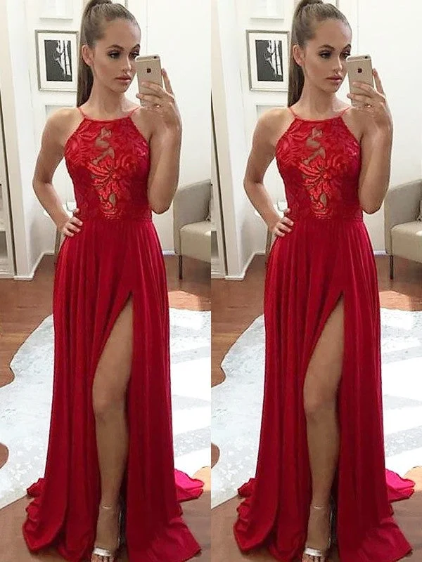 A Line Sleeveless Halter Neck Lace Red Prom Dress, Red Formal Dress, Red Lace Graduation Dress