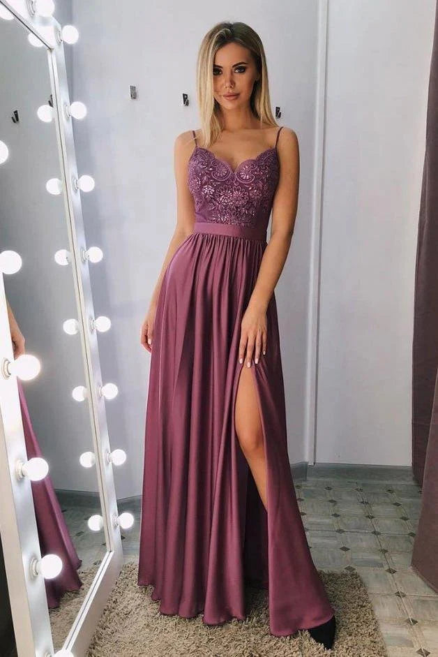 A Line Spaghetti Straps V Neck Lace Side Slit Prom Dresses