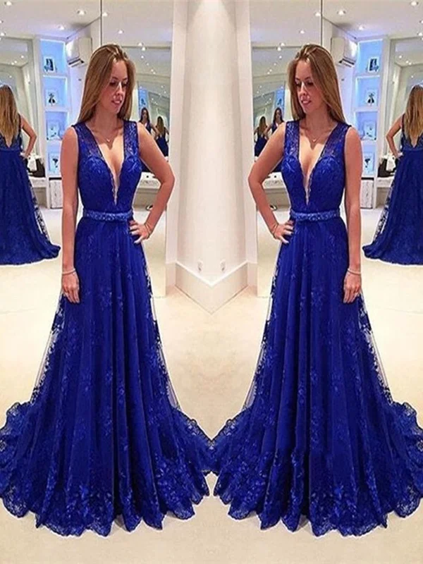 A Line V Neck Sweep Train Royal Blue Lace Prom Dress, Royal Blue Lace Formal Dress