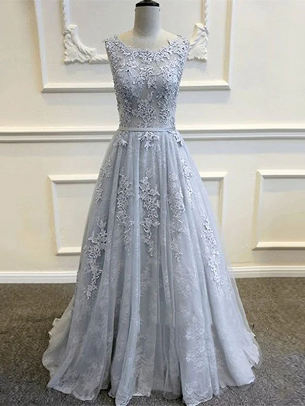 Appliques Vintage Round Neck Sleeveless Lace Prom Dresses, Lace Bridesmaid Dresses, Formal Dresses