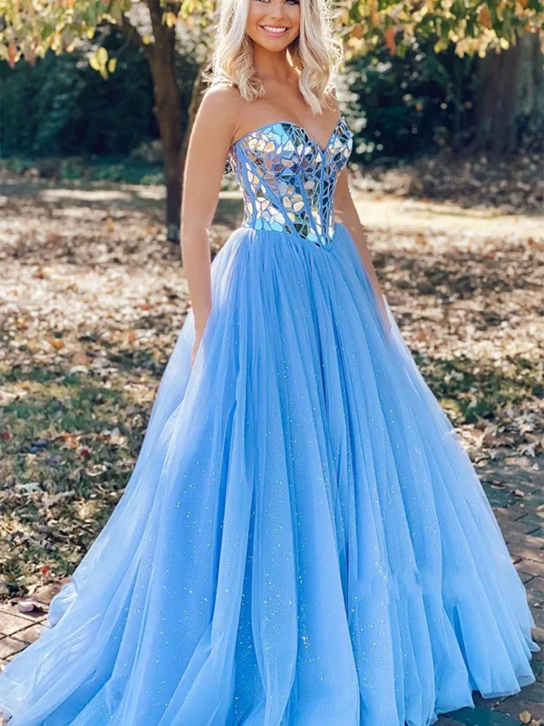 Bling Bling Strapless Sequins Blue Tulle Long Prom Dresses, Blue Tulle Formal Graduation Evening Dresses SP2350