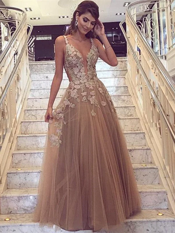 Champagne V Neck Floor Length Lace Long Prom Dresses, Champagne Formal Dresses