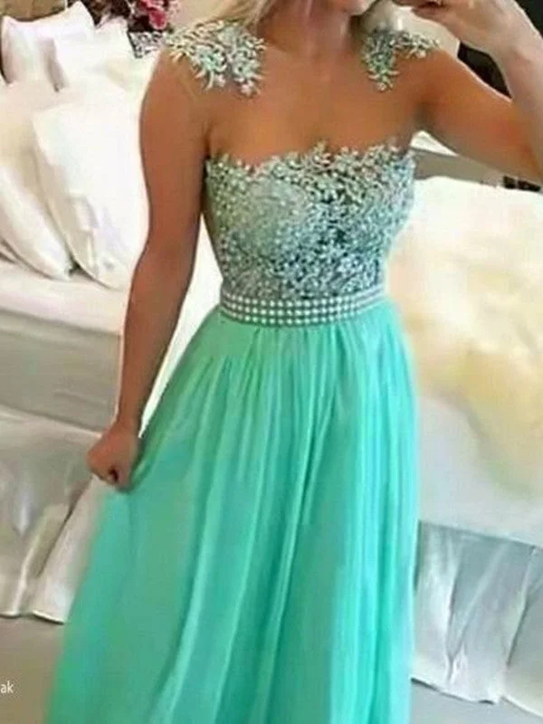 Custom Made A Line Round Neck Floor Length Sleeveless Lace Prom Dresses