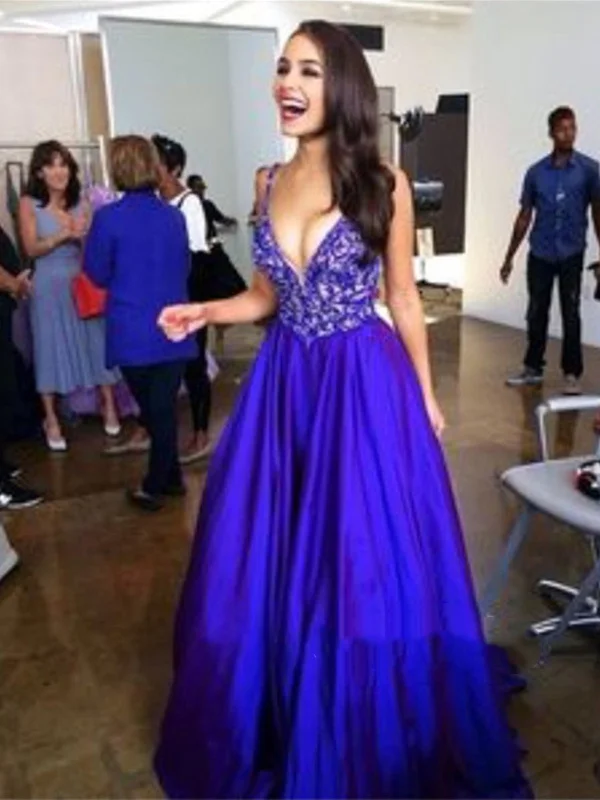 Custom Made A Line V Neck Blue Lace Prom Dresses, Blue Lace Formal Dresses