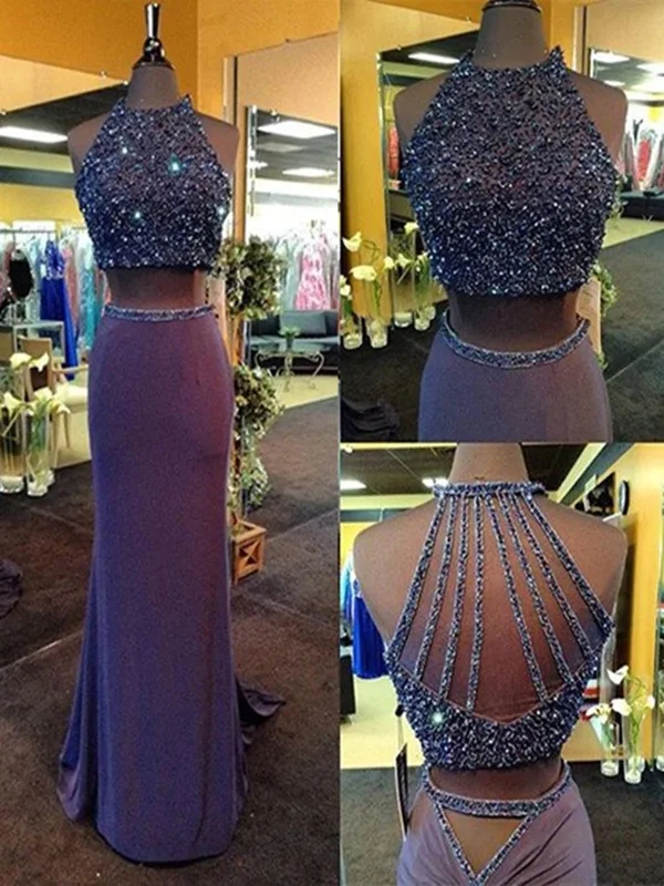 Custom Made Round Neck 2 Pieces Sequins/Beaded Long Prom Dresses, 2 Pieces Formal Dresses