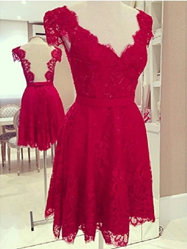 Custom Made V Neck Red Short Lace Prom Dresses, Short Lace Formal Dresses, Lace Homecoming Dresses