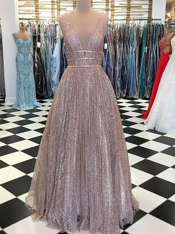 Deep V Neck And V Back Sparkly Champagne/Burgundy Long Prom Dresses with Sequins, Champagne/Burgundy Formal Dresses, Graduation Dresses