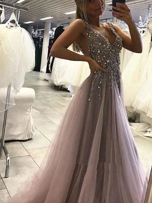 Deep V Neck Backless Prom Dress with Sequins, V Neck Backless Formal Dress, Backless Evening Dress