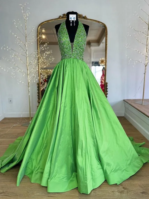 Halter V Neck Backless Beaded Green Long Prom Dresses, Long Green Formal Graduation Evening Dresses with Sequins SP3013