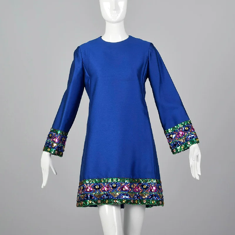 Large 1960s Marshall Field & Co. 28 Shop Blue Shift Dress with Sequin Trim Unlabeled Malcolm Starr