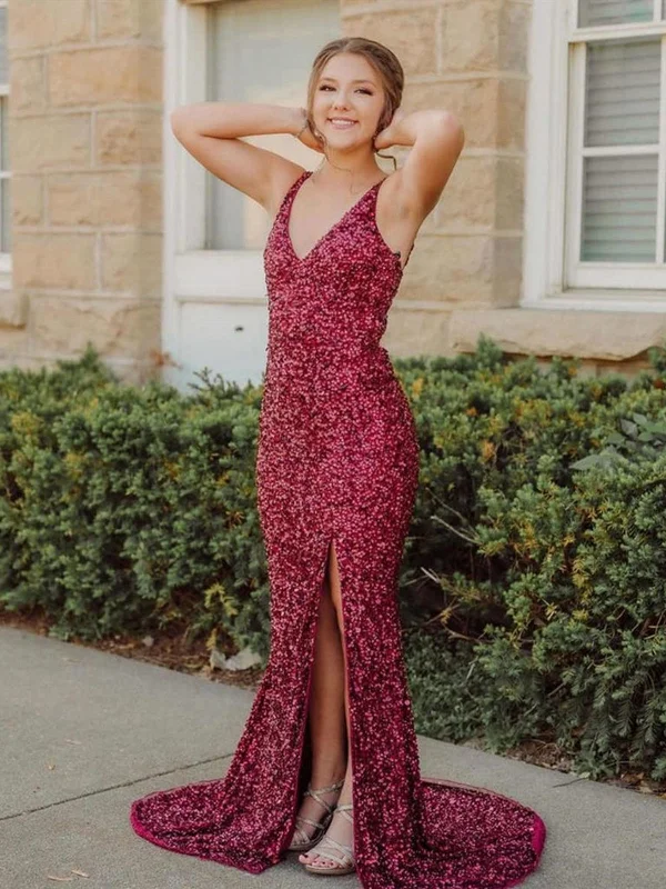 Mermaid V Neck Burgundy Sequins Long Prom Dresses, Mermaid Burgundy Formal Dresses, Burgundy Evening Dresses SP2155