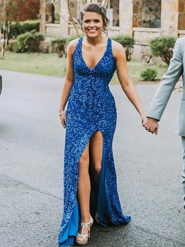 Mermaid V Neck Open Back Blue Sequins Long Prom Dresses, High Slit Mermaid Blue Formal Dresses, Shiny Sequins Blue Evening Dresses SP2227