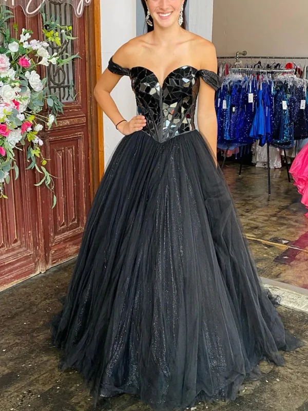 Off Shoulder Black Sequins Long Prom Dresses, Off the Shoulder Formal Dresses, Black Tulle Evening Dresses SP2769