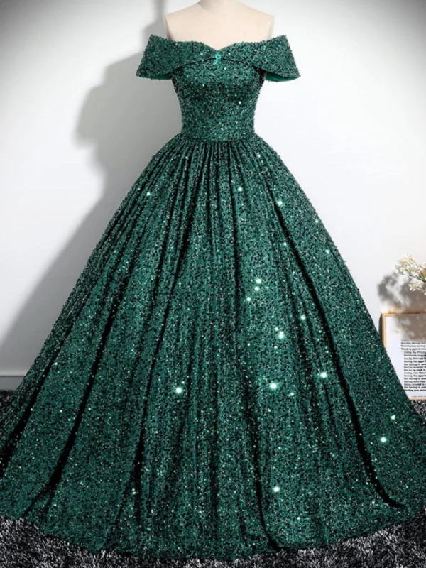 Off Shoulder Green Sequins Long Prom Dresses, Off the Shoulder Formal Dresses, Green Evening Dresses SP2859