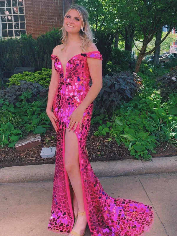 Off Shoulder Pink Sequins Mermaid long Prom Dresses with High Slit, Mermaid Pink Formal Graduation Evening Dresses SP2499