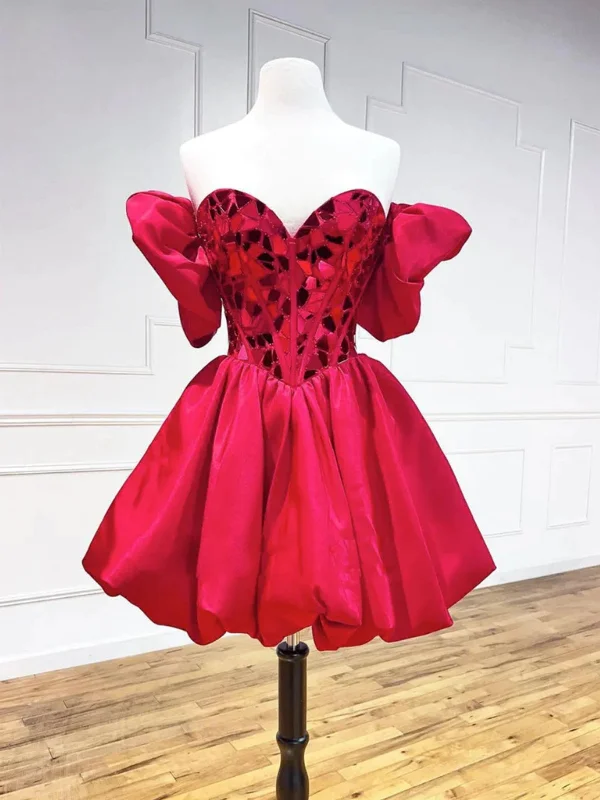 Off Shoulder Red Sequin Short Prom Dresses, Off the Shoulder Homecoming Dresses, Red Formal Graduation Evening Dresses SP2715