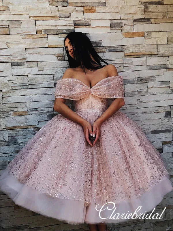 Off Shoulder Rose Gold Sequin Tulle Fluffy Homecoming Dresses