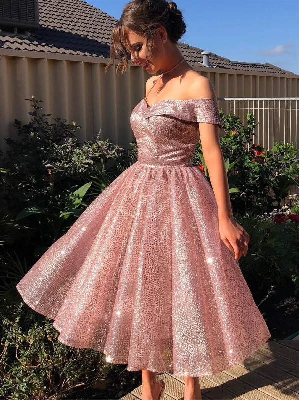 Off Shoulder Rose Gold Sequin Tulle Homecoming Dresses, Short Prom Dresses, Shiny Homecoming Dresses