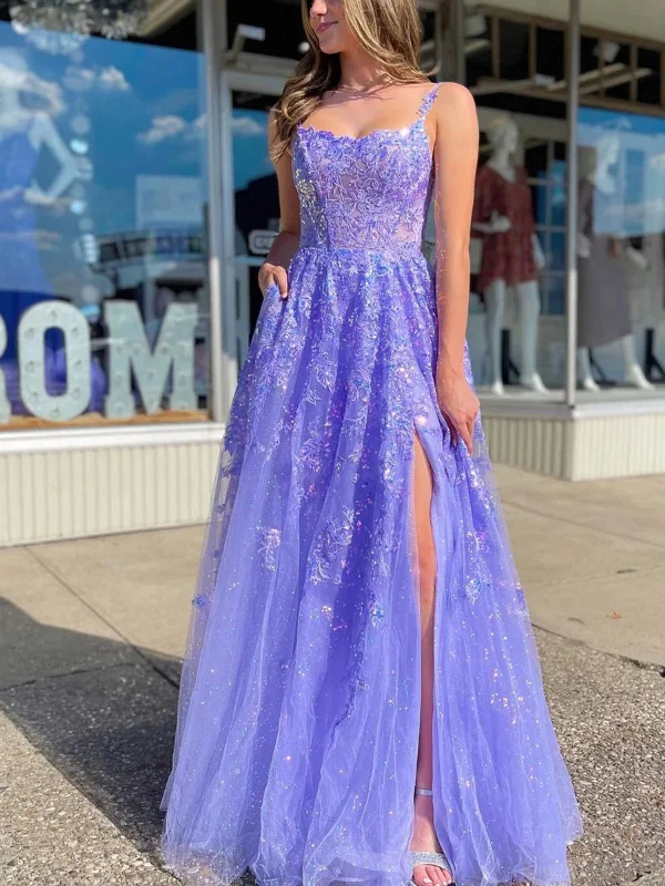 Open Back Lavender Lace Long Prom Dresses with Sequins, Lavender Lace Formal Dresses, Lavender Evening Dresses with High Slit SP2815