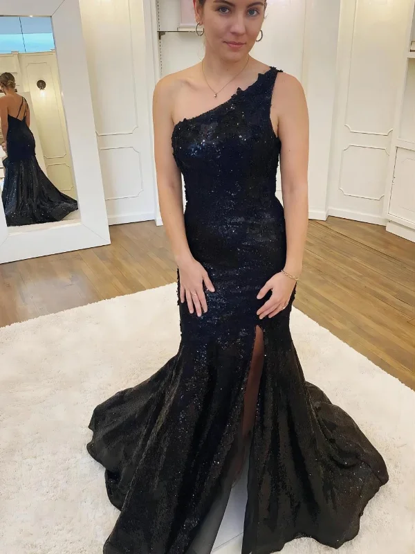 Open Back One Shoulder Mermaid Black Sequins Long Prom Dresses with High Slit, Mermaid Black Formal Dresses, Black Evening Dresses SP2845