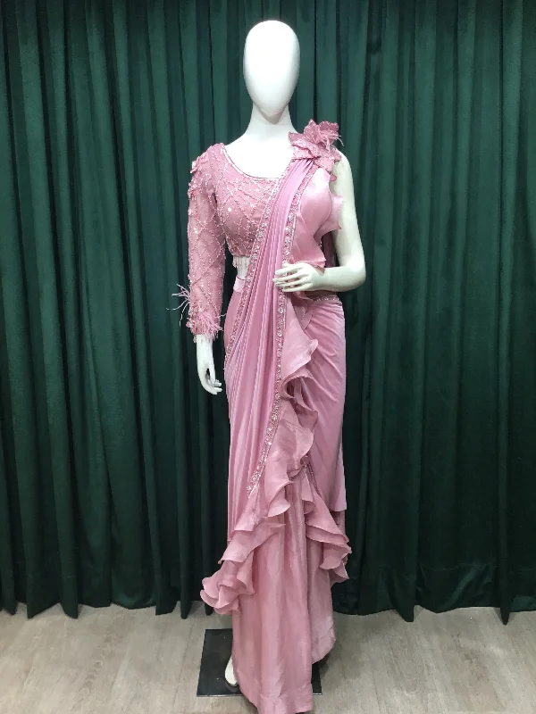 Pink Drape Saree Tissue Organza Raffle With Sequins and Cut Dana Work