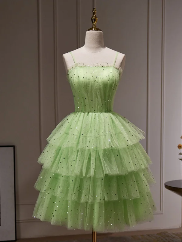 Princess Short Green Tulle Prom Dresses with Sequins, Layered Green Homecoming Dresses, Short Green Formal Graduation Evening Dresses SP2705