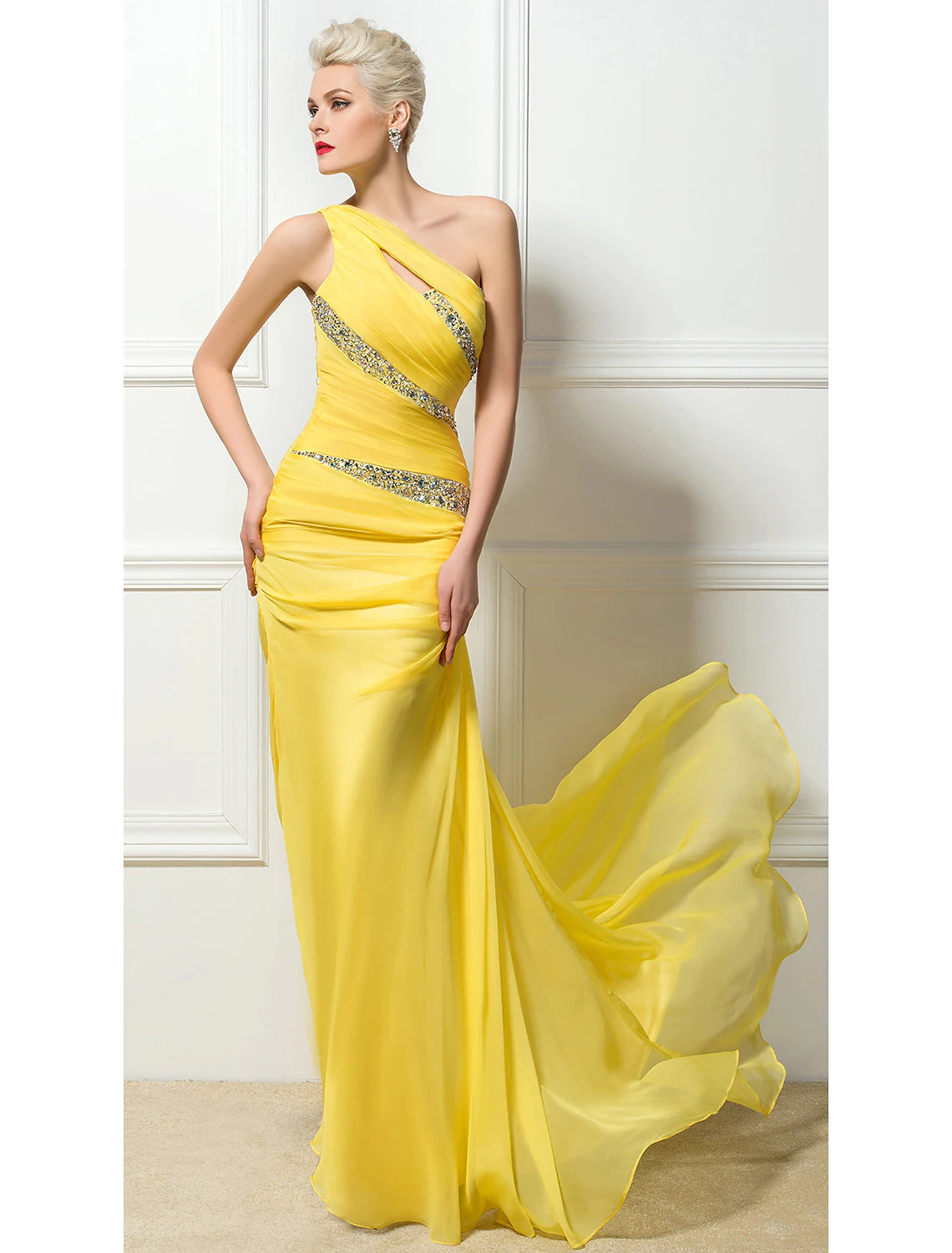 Sheath / Column Sexy Engagement Formal Evening Dress One Shoulder Backless Sleeveless Sweep / Brush Train 30D Chiffon with Ruched Crystals Sequin