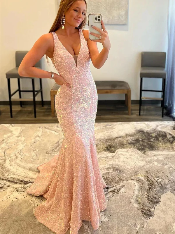 Shiny Pink Sequins V Neck Open Back Mermaid Long Prom Dresses, Mermaid Pink Formal Graduation Evening Dresses SP2361