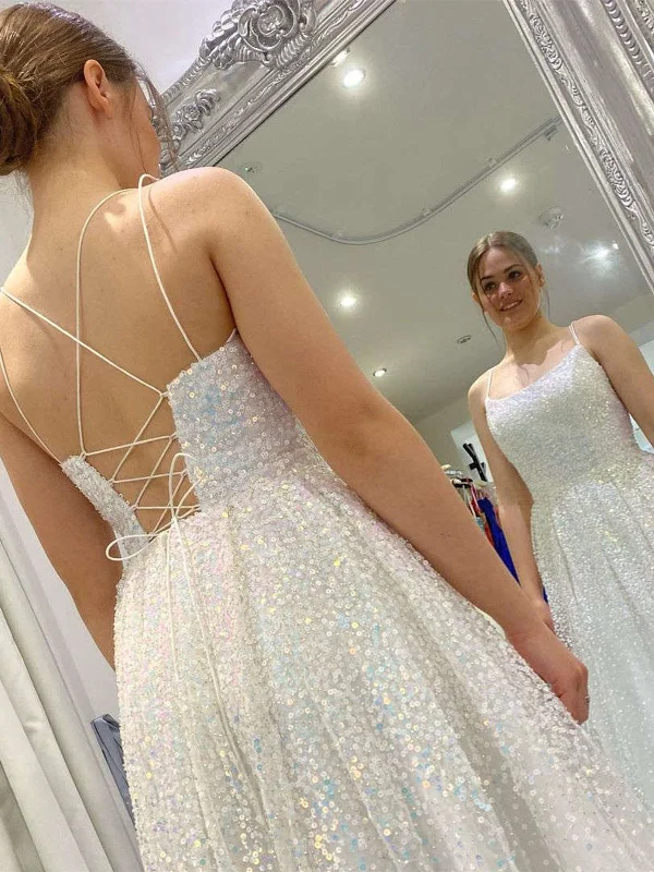 Shiny Sequins Open Back Ivory Long Prom Dresses, Sparkly Ivory Formal Graduation Evening Dresses SP2271