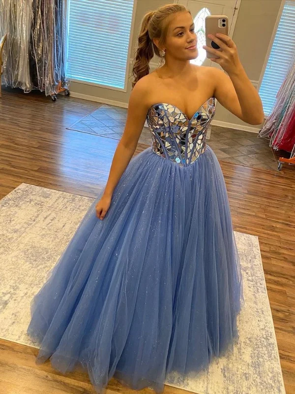 Shiny Sequins Strapless Blue Tulle Long Prom Dresses, Strapless Blue Formal Dresses, Blue Evening Dresses SP2927