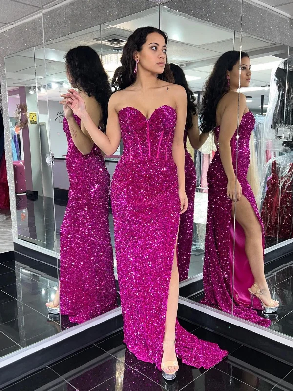 Shiny Sequins Strapless Mermaid Fuchsia Long Prom Dresses with High Slit, Mermaid Fuchsia Formal Dresses, Fuchsia Evening Dresses SP2549