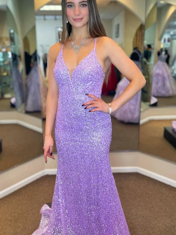 Shiny Sequins V Neck Backless Mermaid Lilac Long Prom Dresses, Backless Purple Formal Dresses, Mermaid Evening Dresses SP2345