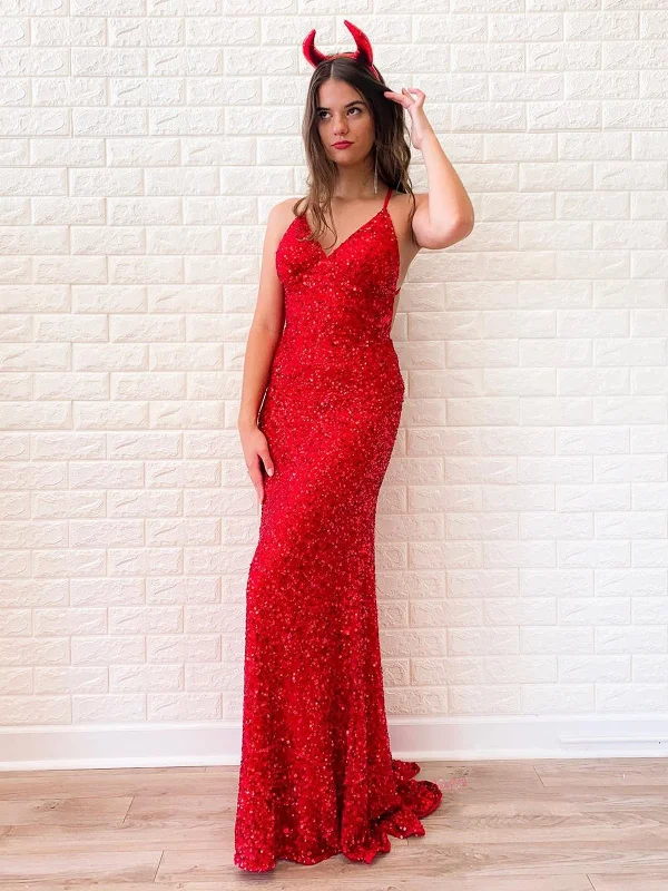 Shiny Sequins V Neck Backless Red Long Prom Dresses, V Neck Red Formal Dresses, Sparkly Red Sequins Evening Dresses SP2259