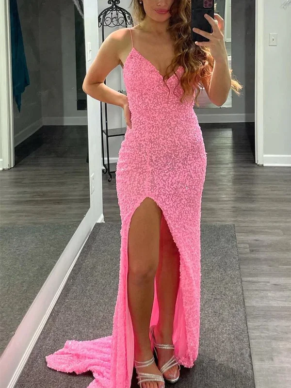 Shiny Sequins V Neck Mermaid Pink Long Prom Dresses with High Slit, Mermaid Pink Formal Graduation Evening Dresses SP2288