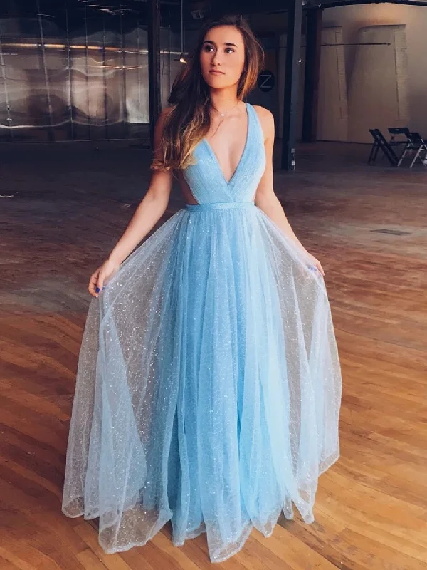 Shiny V Neck Open Back Sequins Light Blue Long Prom Dresses, Open Back Light Blue Formal Dresses, Sparkly Light Blue Evening Dresses