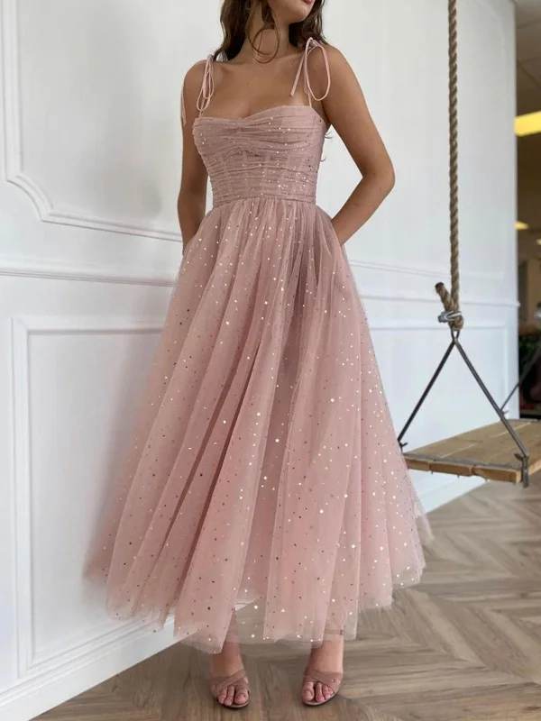 Spaghetti Straps Sequins Pink Tea Length Prom Dresses, Shiny Sequins Pink Homecoming Dresses, Pink Formal Evening Dresses