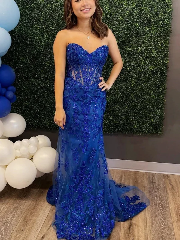 Strapless Mermaid Blue Lace Sequins Long Prom Dresses, Mermaid Blue Formal Dresses, Blue Lace Evening Dresses SP2828