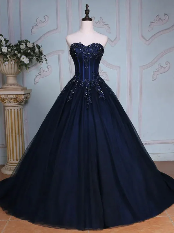 Strapless Navy Blue Lace Sequins Long Prom Dresses with Train, Navy Blue Lace Formal Evening Dresses, Navy Blue Ball Gown SP2893