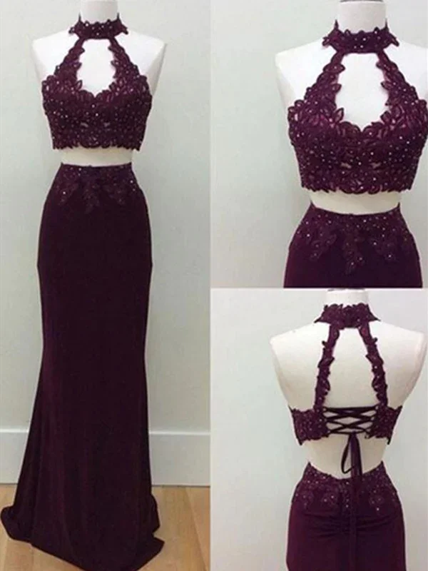 Unique A Line 2 Pieces Lace Prom Dresses, 2 Pieces Formal Dresses, Lace Graduation Dresses