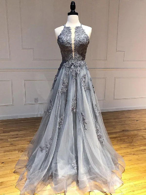 Unique Backless Lace Appliques Gray Long Prom Dresses, Backless Gray Lace Formal Dresses, Lace Gray Evening Dresses