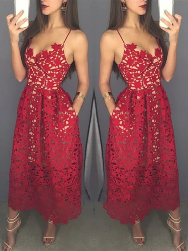 Unique Sweetheart Neck Tea Length Red Lace Prom Dress with Spaghetti Straps, Red Lace Formal Dresses, Graduation Dresses