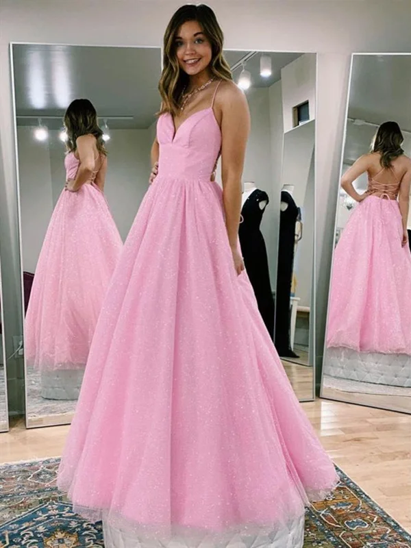 V Neck Backless Pink Sequins Long Prom Dresses, Backless Pink Formal Dresses, Sparkly Pink Evening Dresses