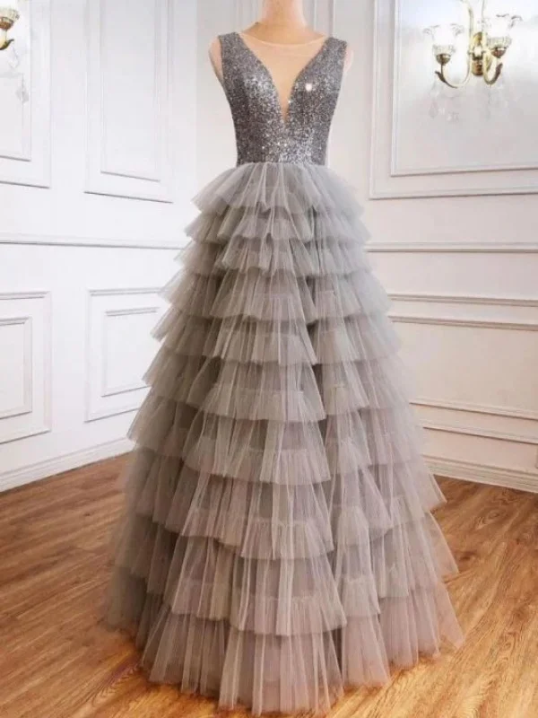 V Neck Layered Gray Sequins Long Prom Dresses, Long Gray Tulle Formal Dresses, Gray Evening Dresses SP2669