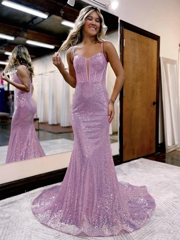 V Neck Mermaid Lilac Sequins Long Prom Dresses, Mermaid Lilac Formal Dresses, Lilac Evening Dresses SP2823