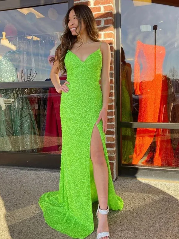 V Neck Mermaid Mint Green Sequins Long Prom Dresses with High Slit, Mint Green Sequins Formal Graduation Evening Dresses SP2600