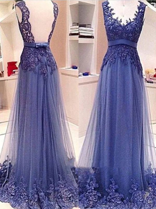 V Neck Open Back Lace Prom Dresses, Backless Lace Formal Dresses, Lace Evening Dresses