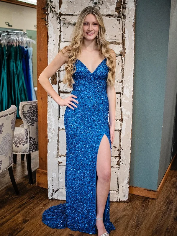 V Neck Open Back Mermaid Blue Sequins Long Prom Dresses with High Slit, Mermaid Blue Formal Graduation Evening Dresses SP2589