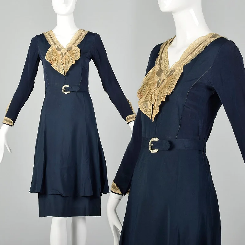 XS Frances Faire Frocks 1930s Navy Blue Lace Collar Dress