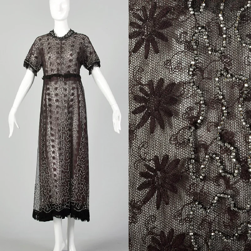 XS-Small 1910s Black Lace Overlay Beaded Dress